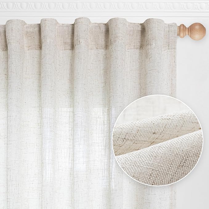 MYSKY HOME Linen Curtains for Sliding Glass Door, Back Tab Semi Sheer Curtain Panels Extra Long Floor Length Drapes Linen Texture Soft Touch Country Curtains, 50x102 Inch, Linen, Set of 2