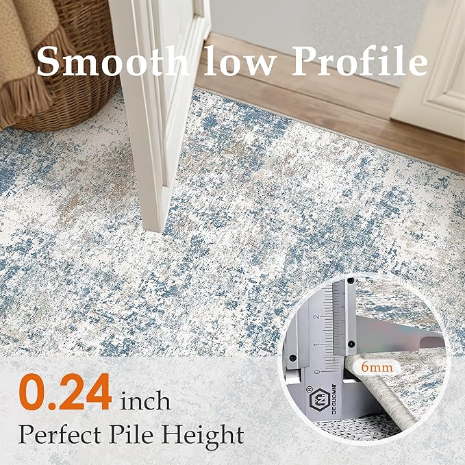 Blue 5x7 Area Rug Washable Modern Abstract Living Room Carpet Non Slip Neutral Low Pile Soft Contemporary Aesthetic Indoor Rug for Kitchen Office Laundry Bedroom Dining Room