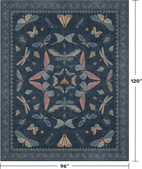 8x10 Large Farmhouse Rugs for Living Room - Unique Washable Area Rug for Bedroom, Dining Room Under Table, Boho & Insect Design, Vintage Moth Décor, Low Pile Soft Carpet (Dark Blue)