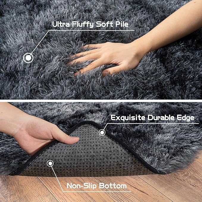 Pionblank Fluffy Small Rug for Bedroom 2x3 Feet, Shag Soft Area Rug, Modern Plush Carpet, Furry Cute Bedside Rug for Kids Girls Boys Room Nursery Decor, Dark Grey