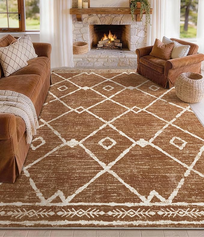 YIHOUSE Western Area Rugs for Living Room 5x7, Moroccan Aztec Burnt Orange Rug, Southwestern Soft Low-Pile Washable Rugs for Bedroom, Dining Room