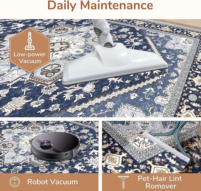OPPODREAM Soft 8x10 Area Rugs for Living Room, Washable 8x10 Rugs for Bedroom with Non Slip Backing, Faux Cashmere Low-Pile 8 x 10 Carpet, Navy Blue & Gold