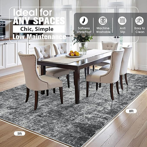 5x8 Area Rugs for Living Room Rug Washable: Abstract Rug for Dining Room Bedroom Carpet Non Slip 5 by 8 Indoor Modern Nursery Home Office Black Grey