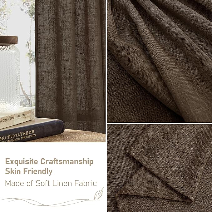 LAMIT Dark Brown Linen Boho Curtains 80 inch Length 2 Panels, Light Filtering Semi Sheer Panels Back Tab and Rod Pocket Neutral Drapes for Bedroom/Living Room, 34 x 80 Inch