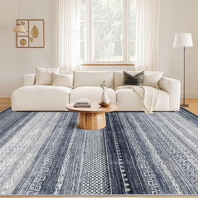 Nakagishi 10x12 Area Rug Living Room: Washable Boho Large Neutral Modern Soft Stain Resistant Farmhouse Indoor Floor Rug Non-Slip Accent Carpet for Bedroom Nursery Kids Playroom Office- Blue