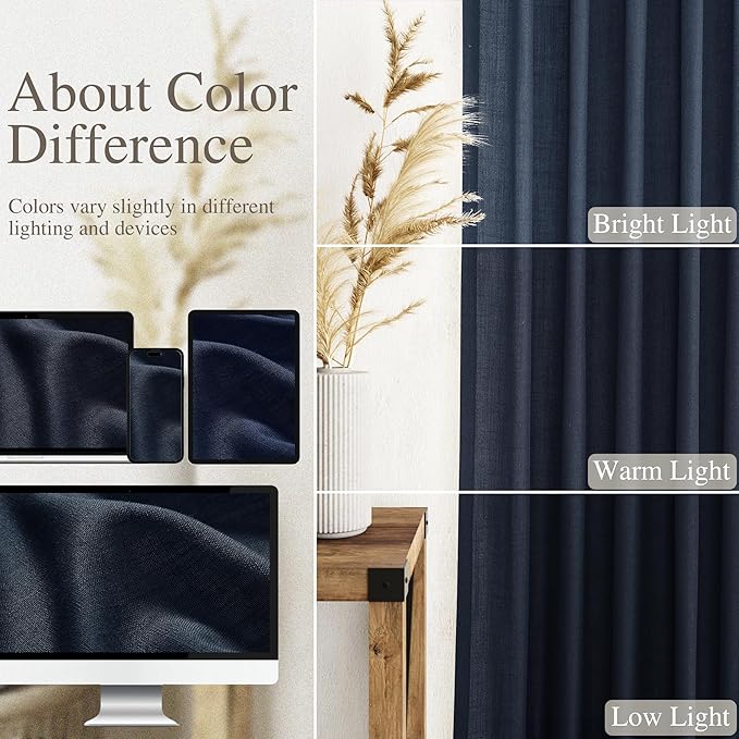 Nanspring Navy Blue Curtains 80 Inches Length for Living Room Back Tab Rod Pocket Semi Sheer Linen Drapes Muted Neutral Boho Indigo Blue Linen Textured Window Curtain for Dining Room 52X80 Inch