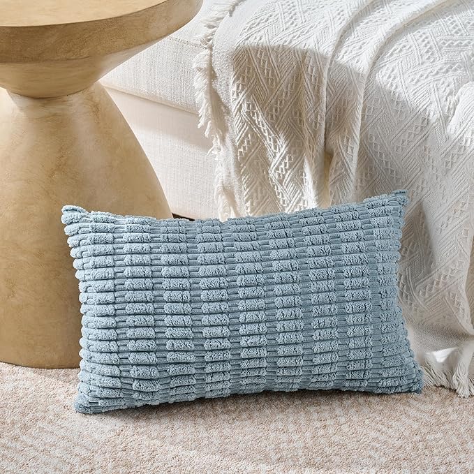 Fancy Homi 4 Packs Boho Light Blue Decorative Throw Pillow Covers 14x24 Inch for Couch Bed Sofa, Rustic Modern Farmhouse Home Decor, Soft Plush Corduroy Cute Rectangle Cushion Case 35x60 cm