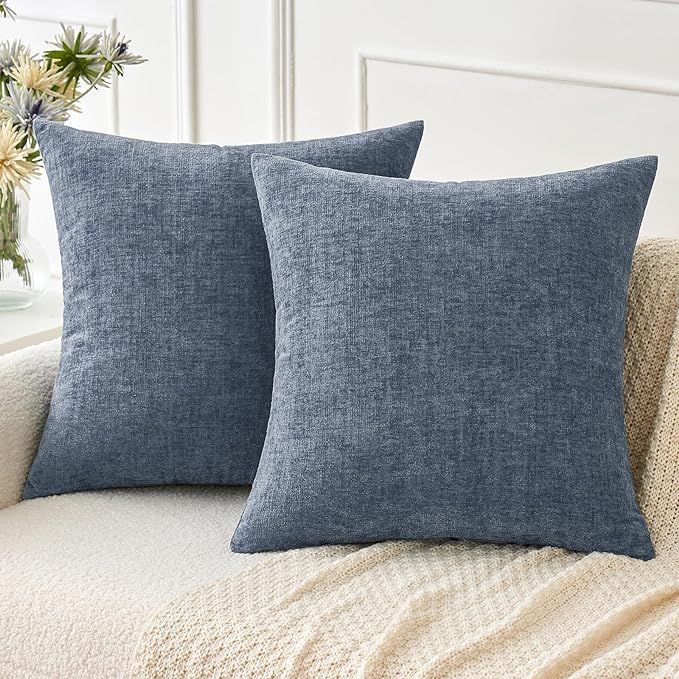 MIULEE Pack of 2 Couch Throw Pillow Covers 16x16 Inch Soft Dark Grey Blue Chenille Pillow Covers for Sofa Living Room Solid Dyed Pillow Cases