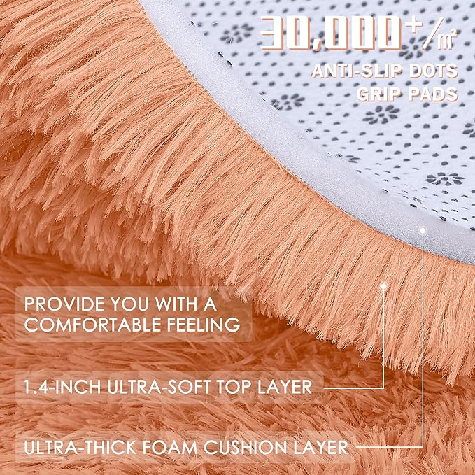 OLANLY Muted Orange Round Rugs for Bedroom - Machine Washable, 3 ft Circle Area Rugs for Living Room, Soft and Fluffy Shaggy Carpet for Teen Girl and Boys, Nursery Rooms, Dorms, Home Decor Aesthetic