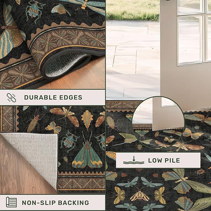Hazo Haus Black Front Door Mat Indoor Entrance Non Slip Washable - 3x4 Throw Rug for Kitchen, Mudroom, Bedroom Bedside, Insect Boho Vintage Aesthetic Décor