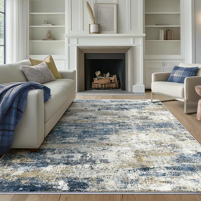 BEIMO Area Rugs 6x9 for Living Room Bedroom, Modern Abstract Machine Washable Rug, Large Soft Low Pile Floor Carpet with Non Slip Backing for Dining Room, Navy Blue Beige