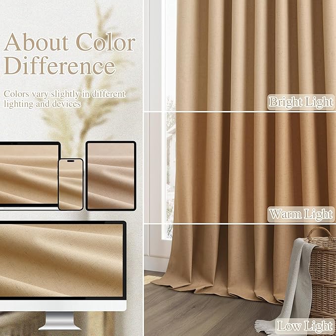 Guken Camel Brown 100% Blackout Linen Curtains 102 Inch Length 2 Panels Set for Living Room Back Tab Thermal Insulated Black Out Drapes Room Darkening Farmhouse Style for Bedroom Window Curtains