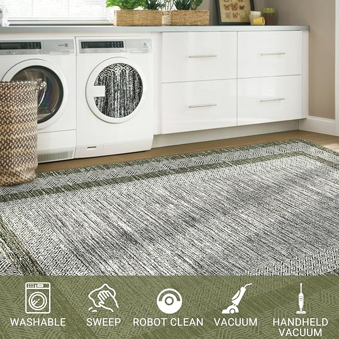 GarveeHome 9x12 Large Modern Green Area Rug Distressed Bordered Rug Soft Non Shedding Floor Carpet, Geometric Rug, Washable Non Slip Rug, Low Pile Indoor Area Rug for Living Room, Bedroom