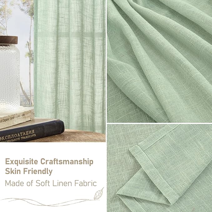 LAMIT 40 Inch Length Linen Curtains for Small Windows, Semi Sheer Light Filtering Panels Back Tab and Rod Pocket Neutral Drapes for Basement/Window/Loft Room, Fresh Green, 2 Panels, 34 x 40 Inch