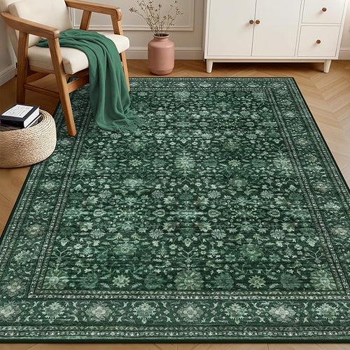3x5 Area Rugs Living Room Rug: Washable Vintage Distressed Floral Rug No Slip Stain Resistant Soft Carpet Indoor Large Carpets for Bedroom Dining Room Farmhouse Nursery Home Office Deep Green