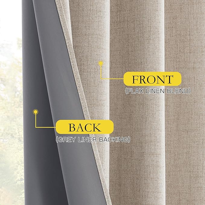 NICETOWN Oatmeal Linen Complete Blackout Curtains 48 inches for Kids Room, 2 Panels, Thermal Insulated & Noise Reducing Window Draperies with Grey Liner, Noise Reducing Short Drapes