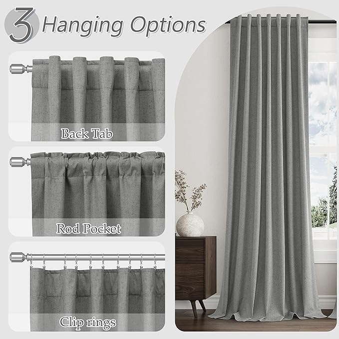 Guken Dark Grey 100% Blackout Linen Curtains 102 Inch Length 2 Panels Set for Living Room Bedroom Back Tab/Rod Pocket Thermal Insulated Black Out Drapes Room Darkening Window Curtains