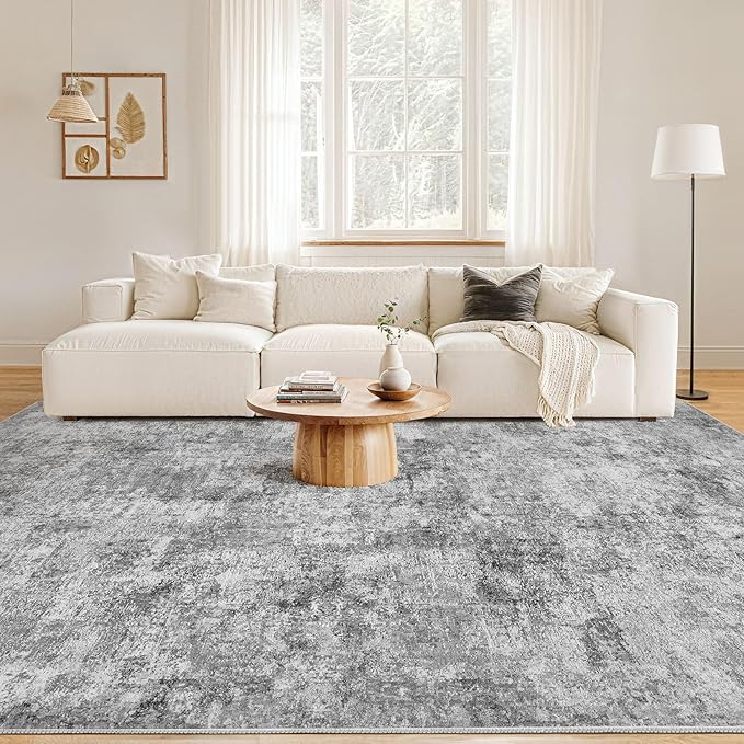 Nakagishi 9x12 Area Rugs Living Room: Washable Abstract Large Neutral Soft Rug Stain Resistant Modern Indoor Floor Non-Slip Carpet for Bedroom Nursery Kids Playroom Office Dining Room Dorm- Grey