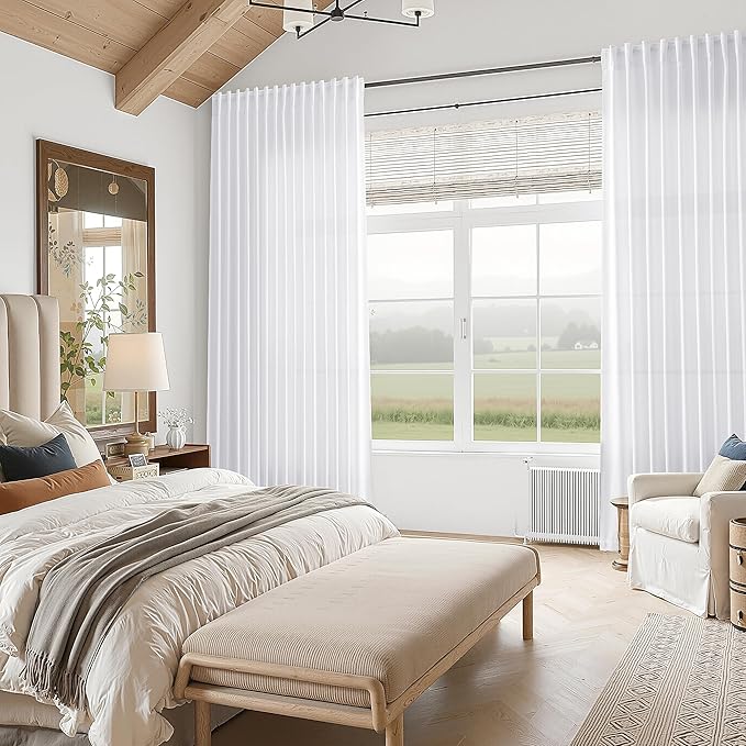 Snow White Linen 120 Inch Curtains for Living Room Light Filtering Semi Sheer Curtain Back Tab Luxury Neutral Coastal Modern Farmhouse Decor Floor to Ceiling High Window for Bedroom 52x120,2 Panels