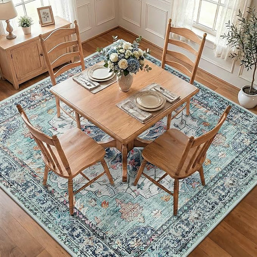 Area Rugs Square 8ft Washable Non-Slip, Floral Vintage Distress Print Pattern Medallion Carpet for Living Room Bedroom Dining Room, Green Navy Blue White Red Teal Colorful