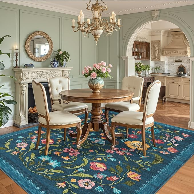 GarveeHome Washable Rug 9x12 Area Rugs for Living Room, Floral Rug for Bedroom, Soft Vintage Non Slip Throw Rugs with Rubber Back, Low Pile Stain Resistant Boho Floral Carpet for Dining Room, Blue