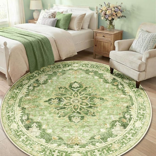 Area Rugs 6ft Washable Non-Slip, Floral Vintage Distress Print Pattern Medallion Carpet for Living Room Bedroom Dining Room, Sage Green Yellow