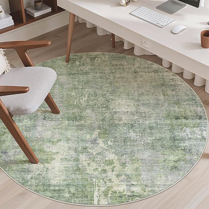 Soalmost 5x5 Green/Ivory Round Rug 5ft Living Room Circle Rug Vintage Round Area Rug Non Slip Indoor Carpet for Entryway Dining Room Bedroom