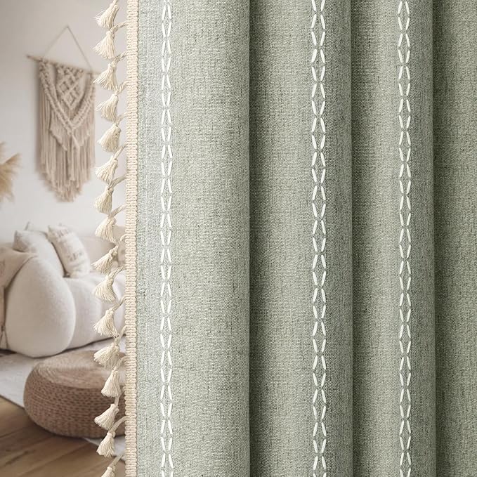 Boho Blackout Curtains 96 Inches Long Sage Green Linen Blend 2 Panels with Tassels and Cotton Embroidery, Farmhouse Vintage Rustic Rod Pocket Drapes for Living Room or Bedroom
