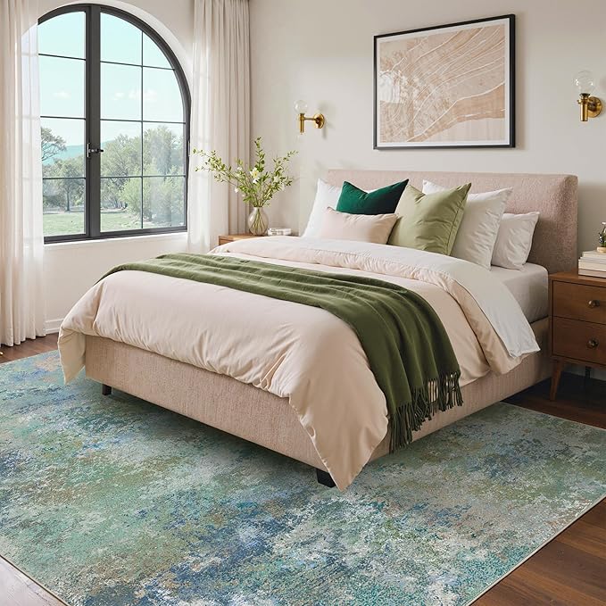 Area Rugs 9x12 for Living Room Bedroom, Modern Abstract Machine Washable Rug, Large Soft Low Pile Floor Carpet with Non Slip Backing for Dining Room, Blue Green