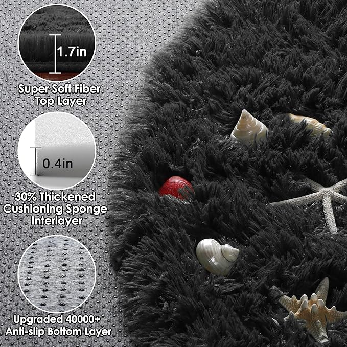 ONASAR Black Round Rugs 7ft for Living Room, Fluffy Bedroom Circle Area Rug, Soft Plush Shaggy Carpet for Kids Girls Boys Teen Nursery Dorm Classroom Playroom Home Decor Aesthetic