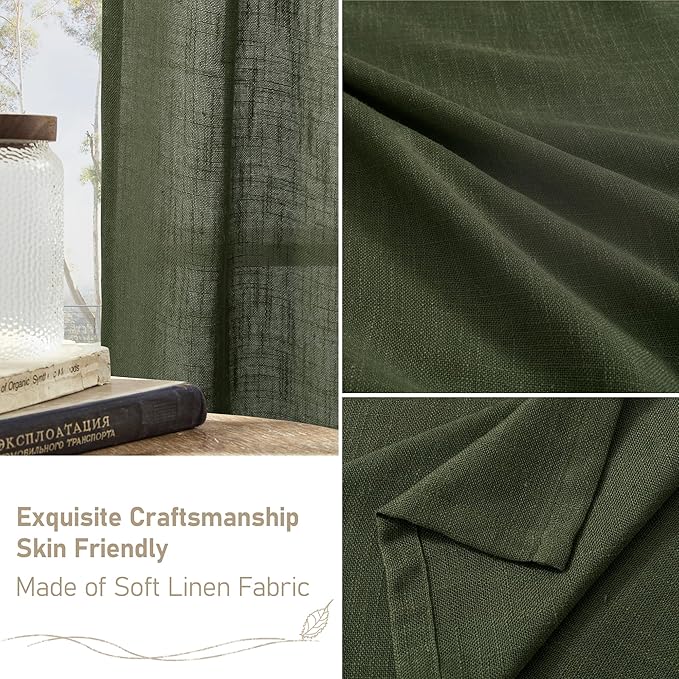 LAMIT Olive Green Linen Curtains 90 Inch for Living Room, Back Tab and Rod Pocket Linen Textured Christmas Curtains Light Filtering Drapes for Bedroom/Dining Room, Set of 2, 52 x 90 Inch