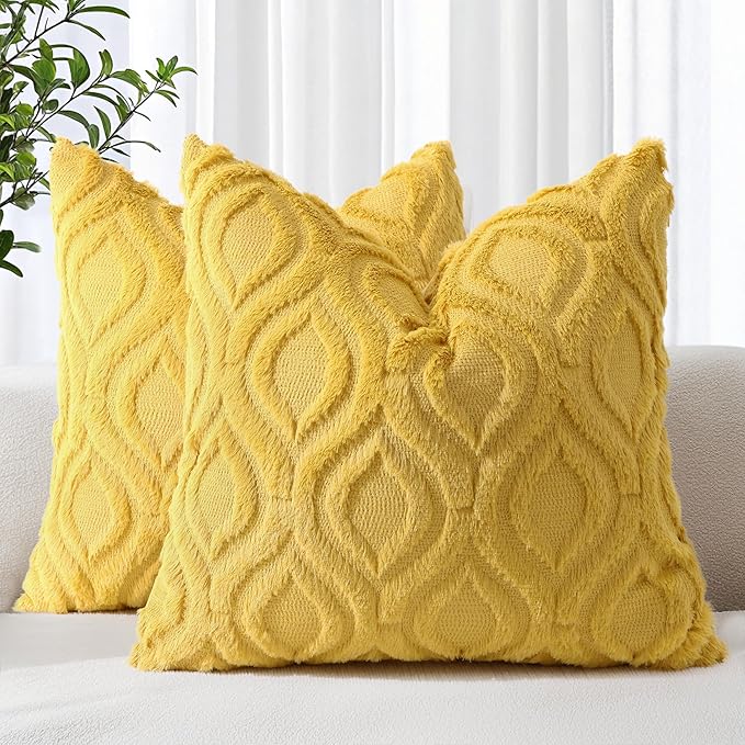 decorUhome Summer Throw Pillow Covers 16x16 Inch Set of 2, Soft Plush Faux Wool Mustard Yellow Solid Couch Pillow Covers, Accent Farmhouse Neutral Square Pillow Cases for Sofa Bed Living Room
