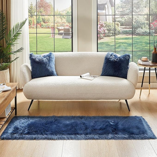 AMTOVO Faux Fur Rug, Dark Blue Ultra Soft Fluffy Shag Sheepskin Rug, 2 x 6 ft Runner Area Rugs for Bedroom Sofa Throw Cushion Room Decor, Rectangle