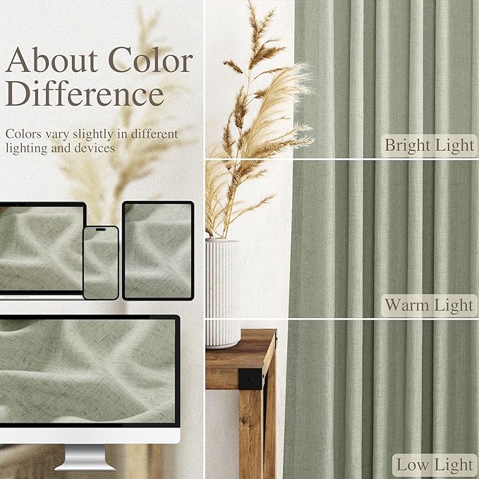 Sage Green Boho Curtains for Bedroom Back Tab Rod Pocket Semi Sheer Linen Curtains 90 Inches Long 2 Panel Set Light Filtering Neutral Green Farmhouse Curtain for Living Room 40x90