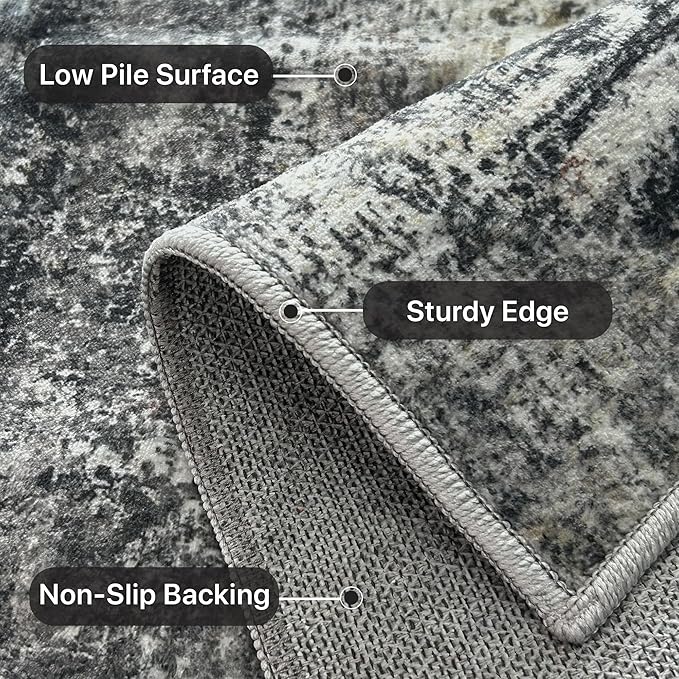Runner Rug for Hallway Kitchen, 2x5 Machine Washable Runners Rug for Entryway, Soft Modern Abstract Throw Rugs, Low Pile Floor Cover with Non Slip Backing, Dark Gray