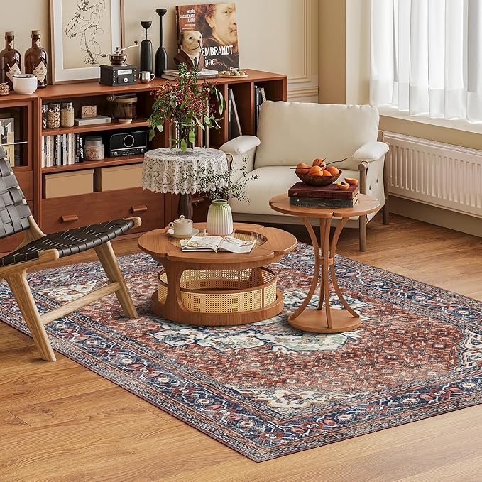 Washable Area Rug 4' x 6' Vintage Traditional Persian Mat - Foldable Distressed Non-Slip Machine Washable Carpet for Living Room Bedroom Kitchen Home Decor - Terracotta and Navy