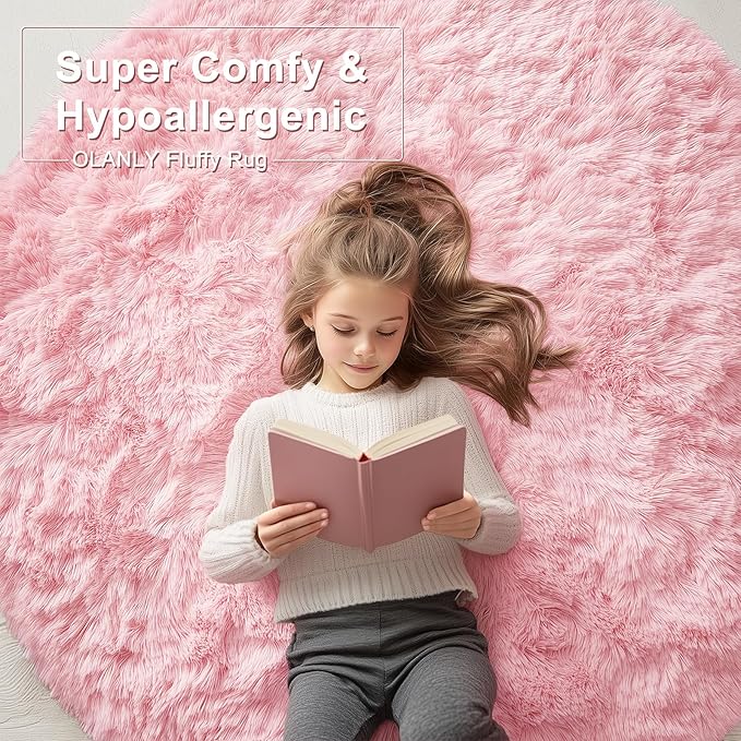 OLANLY Pink Round Rugs for Bedroom - Machine Washable, 6 ft Circle Area Rugs for Living Room, Soft and Fluffy Shaggy Carpet for Teen Girls and Boys, Nursery Rooms, Dorms, Home Decor Aesthetic