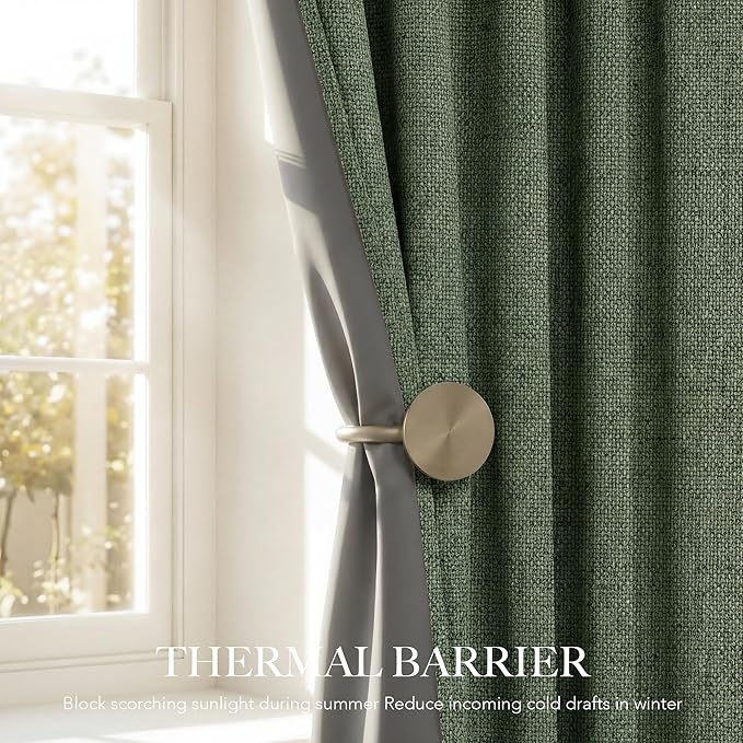 RYB HOME Olive Green 100% Blackout Linen Curtains 108 inches Long, Luxury Thermal Insulated Room Darkening Drapes for Living Room/Bedroom/Sliding Doors, Back Tab&Rod Pocket, W52xL108, 2 Panels