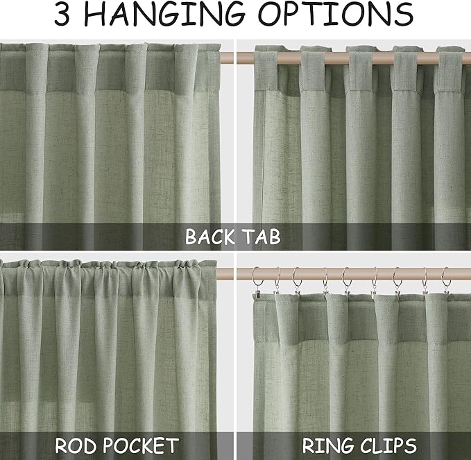 Nanspring Desert Sage Linen Curtains 108 Inches Long for Living Room Bedroom 2 Panels Set Extra Long Back Tab Curtain Light Filtering Sheer Drapes Floor to Ceiling Curtain for Large Windows 52x108