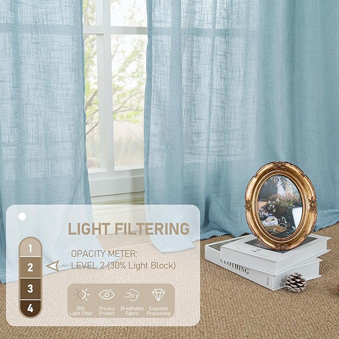 LAMIT Short Linen Curtains 30 Inch Length for Cafe, Semi Sheer Light Filtering Panels Back Tab and Rod Pocket Room Decor Drapes for Basement/Small Window, Stone Blue, 2 Panels, 34 x 30 Inch