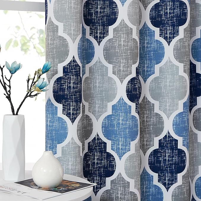 Beauoop 100% Blackout Curtains 45 Inches Long 2 Panels for Bedroom Living Room Blue Grey Moroccan Geo Room Darkening Thermal Insulated Soundproof Grommet Top Window Treatments Drapes, 50x45 Set of 2