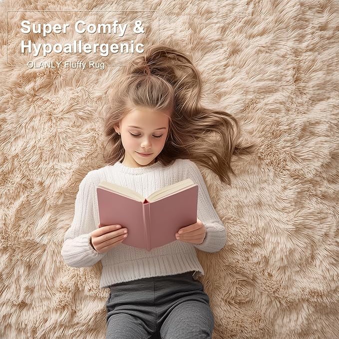 OLANLY 5x6 Area Rugs for Living Room Bedroom, Machine Washable Soft Fluffy Shaggy Bedside Rug, Indoor Floor Carpet for Kids Girls and Boys, Dorms, Nursery Rooms, Home Decor Aesthetic, Beige