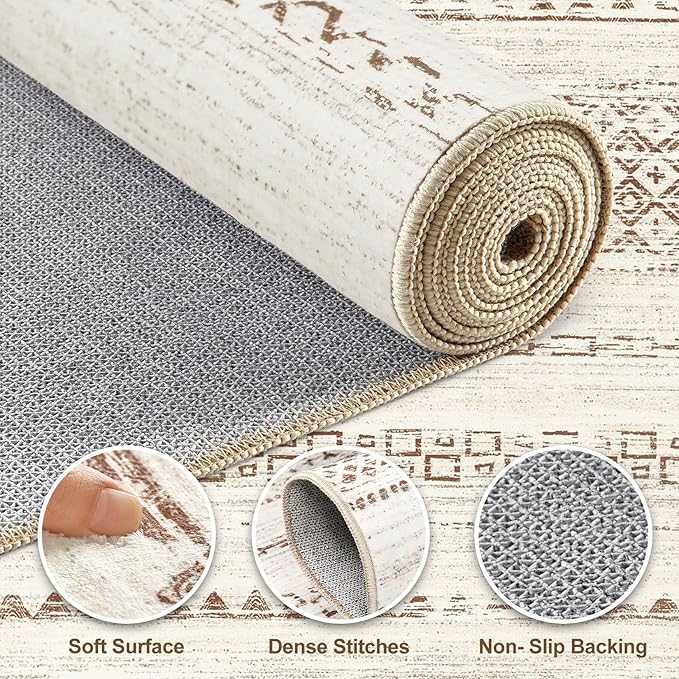 Nakagishi Round Rug Boho Area Rugs: 8x8 Washable Large Circle Neutral Soft Stain Resistant Non-Slip Carpet for Women Aged 25-45 Farmhouse Decor Enthusiasts - Living Room Bedroom Dining Room Nursery