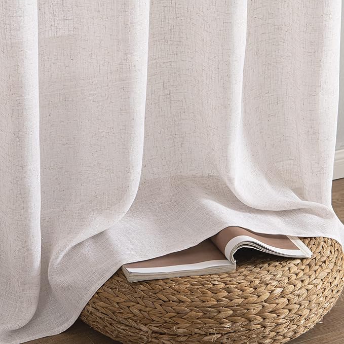 MIULEE White Linen Curtains 90 Inch Length 2 Panels for Bedroom Living Room, Soft Thick Linen Textured Natural Window Drapes Semi Sheer Light Filtering Back Tab Rod Pocket Burlap Look Decor, W37xL90
