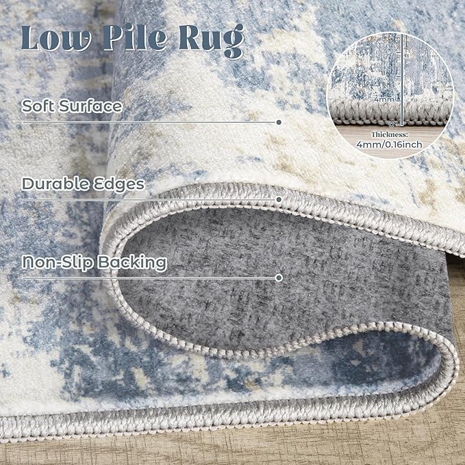 2x8 Runner Rug for Hallway, Washable Modern Abstract Runner Rugs Neutral Soft Non Slip Kids Rug Stain Resistant Indoor Runners for Hallways Entryway Bedroom Kitchen Laundry Room(Blue, 2'x8')