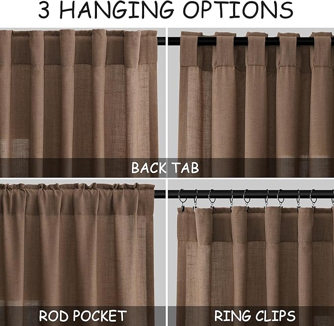 Extra Long Caramel Brown Linen Curtain 108 Inches Long 2 Panels Set Back Tab Linen Drapes for Living Room Modern Farmhouse Light Filtering Semi Sheer Curtains 108 Inch Length for Big Window 52x108