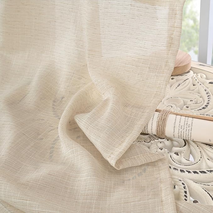 BGment Natural Linen Curtains 63 Inches Long for Bedroom Windows, Sheer Drapes Lightweight Rustic Country Textured for Farmhouse Living Room Decor Rod Pocket, 2 Panels Set, Each 42 Inch Wide