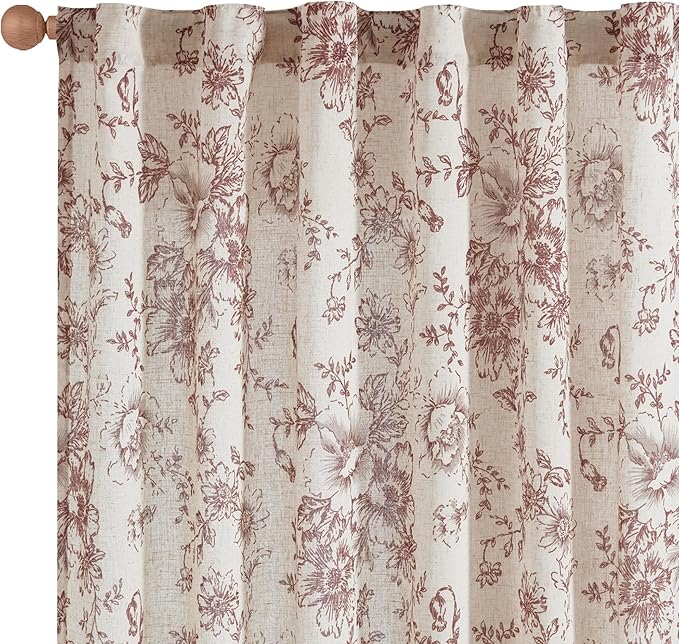 jinchan Linen Blend Curtain Floral Curtains for Living Room 54 Inch Length Farmhouse Brick Red Printed Curtain Rod Pocket Back Tab Peony Flower Patterned Drapes Curtains Set 2 Panels