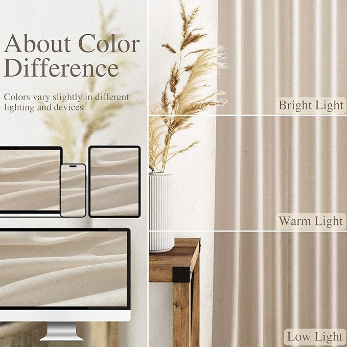 Cream Beige Linen Curtains for Living Room 105 Inches Long Light Filtering Semi Sheer Curtain Back Tab Modern Farmhouse Decor Elegant Luxury Coastal Drapes for Bedroom Dinner Room 52x105, 2 Panels
