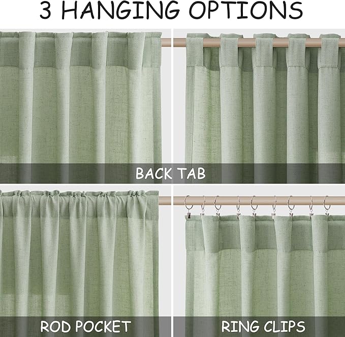 Nanspring Mist Sage Linen Curtains Semi Sheer 96 Inches Long 2 Panels Set for Living Room Back Tab Rod Pocket Light Filtering Drape for Bedroom Modern Farmhouse Coastal Decor Protect Privacy 52x96